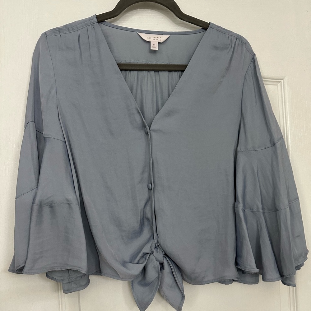 Lauren Conrad blue grey silky button down blouse